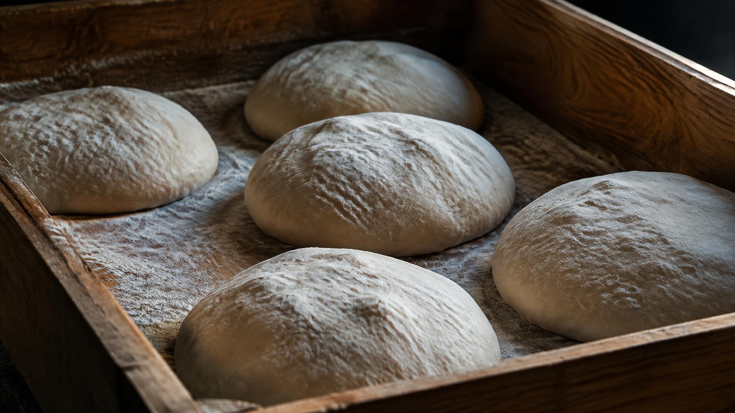 Leicht bemehlte Pizzateigballen in einer Holzkiste