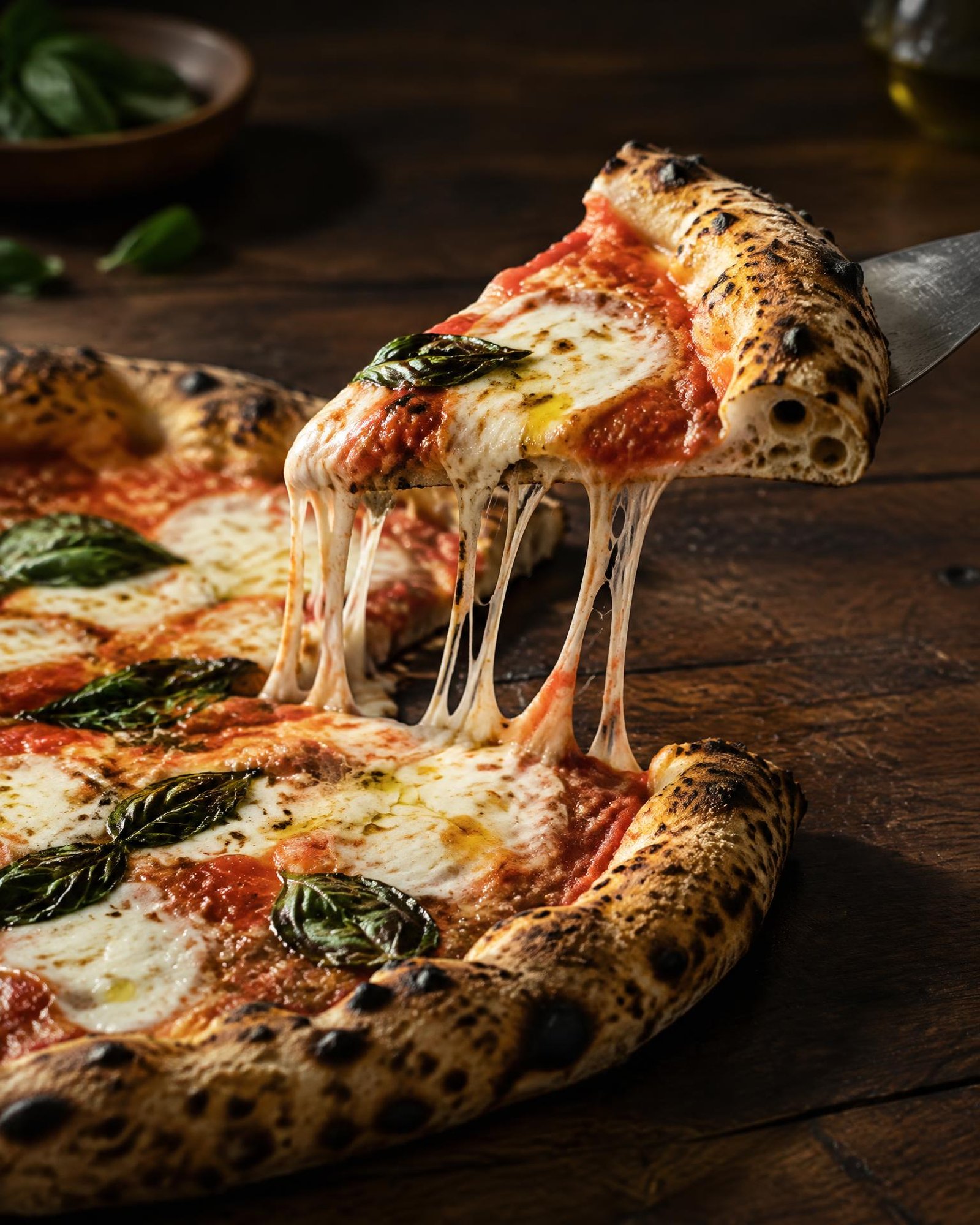 Pizzastück auf einem Metallheber mit gezogenen Mozzarellafäden
