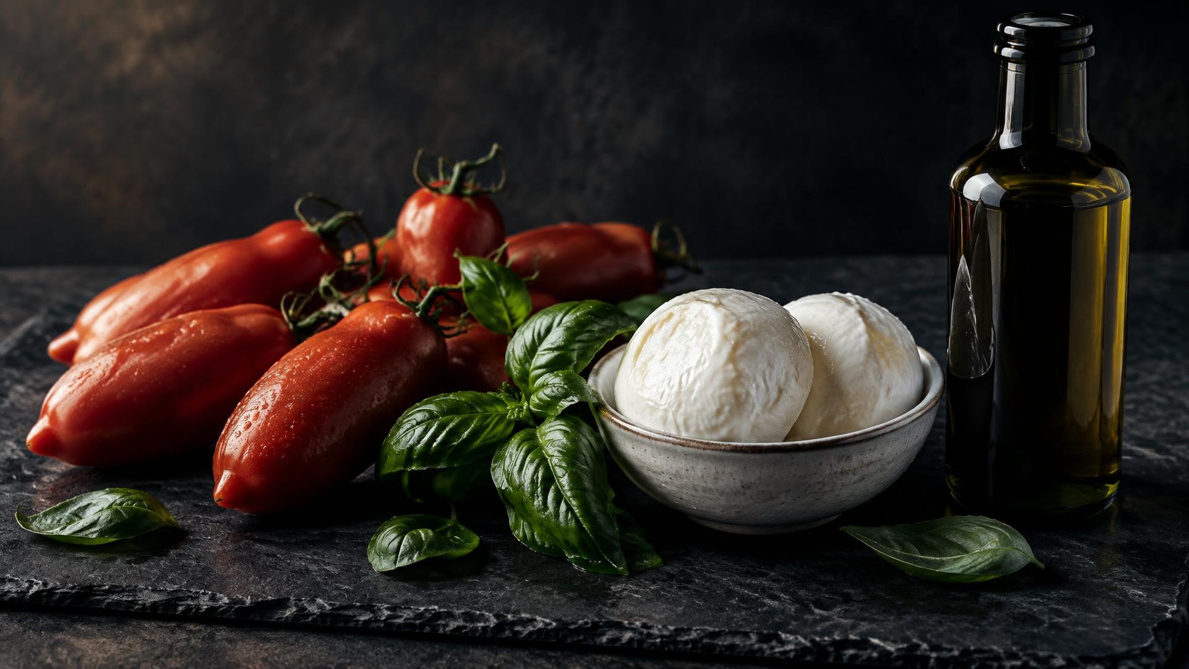 San-Marzano-Tomaten, Basilikum, Büffelmozzarella und Olivenöl auf Schiefer
